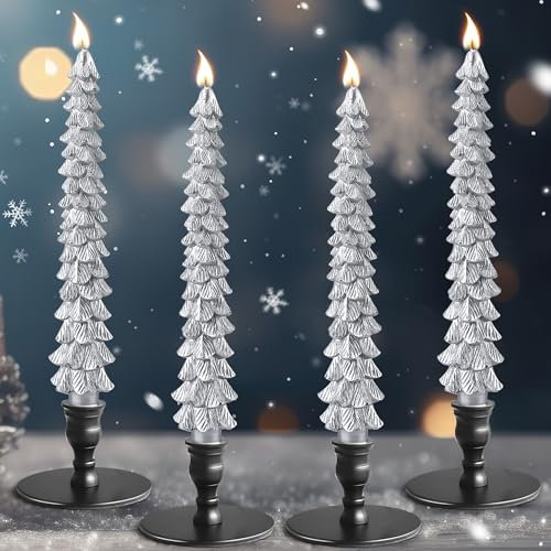 Ceoighe Weihnachtsbaumkerzen, 25,4 cm, natürliches Bienenwachs, Weihnachtsbaumförmige Kerzen für Weihnachtsdekoration, geruchlose Weihnachtsbaum-Kerzen für Feiertagsdekoration, Party, Bankett (Silber)