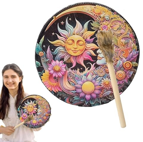 Handtrommeln für Erwachsene – Schamanische Handtrommel, PU-Ledertrommel | Große runde Schamanenwerkzeuge, spirituelles Musikzubehör, inklusive Vintage-Holzhammer, ideal für Zeremonien