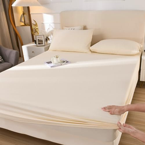 Epinki Betttuch & 2er Kissenbezüge 180x200cm Set 3teilig Jersey, Spannbettlaken Einfarbig Beige Faltenresistent und Ausbleichen, Baumwolle Tagesdecken