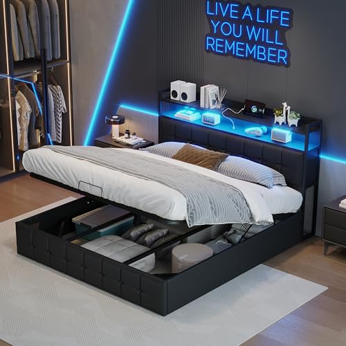 BHFFTHK Polsterbett 140x200 cm,LED Doppelbett mit Stauraum und Lattenrost, Hydraulisches Stauraumbett mit Kopfteil und USB-C Ladefunktion, Jugendbett Rückenlehne Bettgestell,PU-Oberfläche, Schwarz