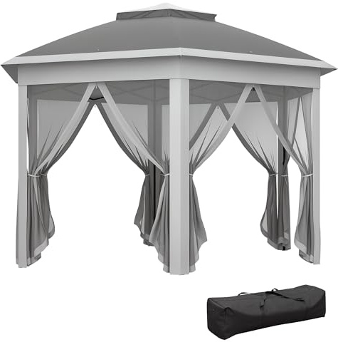 Outsunny 3 x 4m Garden Gazebo Hexagon Pop Up Gazebo Party Tent Canopy Double Roof Instant Shelter with Netting and Carry Bag for Outdoor Patio, Dark Grey