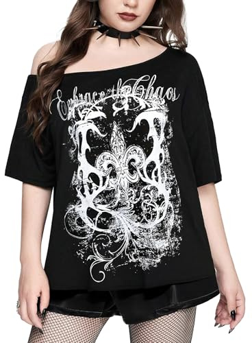 Gothique Top pour Femme Fille - T Shirt Médiévale Déguisement Noir Manches Courtes 1 Chic Et Épaules Dénudées Style Punk Y2k Darkness Grunge Graphic Vetement(Black,XL,1165w)