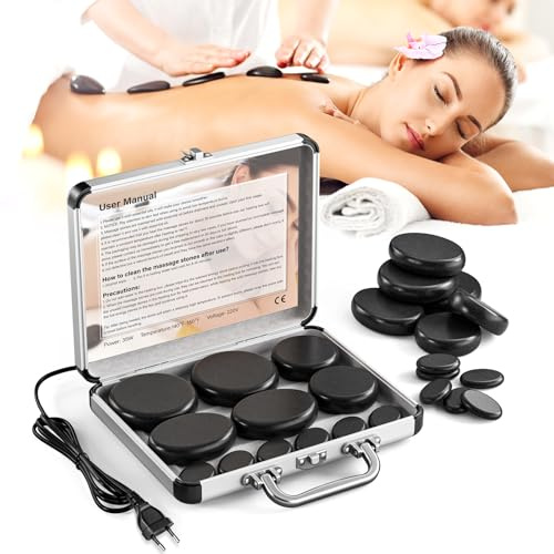 Set per Massaggio Hot Stone, Set di Pietre per Massaggio in Basalto con Valigia Riscaldante Portatile, Dispositivo Riscaldante Hot Stone per Utenti Privati, Massoterapia, Spa, Relax (12)