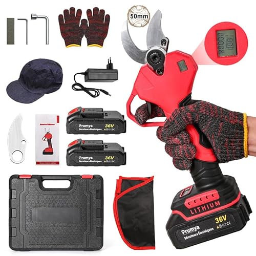 Tijeras de Podar Eléctricas, 40mm/50mm Potentes Tijeras de Podar, Tijeras de Podar con Baterías 2x7500mAh, Pantalla Digital, Tijeras de Podar 1000W con Motor Brushless, para Jardines, Huertos (50CM)