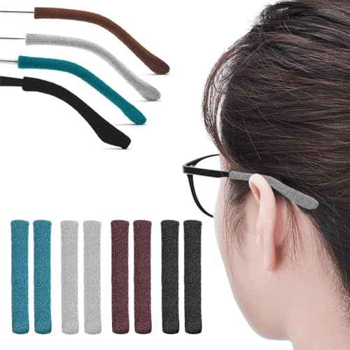 4 Pairs Anti-Slip Eyeglass Ear Grips - Soft Knitted Cotton Glasses Ear Cushions - Anti-Slip Ear Grips & Nose Pads for Eyewear, Sunglasses, Spectacles - Black, Navy Blue, Brown, Light Gray