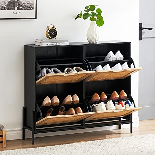 Salutmeuble Schuhschrank Rattan,Schuhregal Schmales,Schuhkipper mit 4 Klappen für 16-24 Paar Schuhe,Trennwand Verstellbar, Staubdicht, für Eingangsbereich, Flur, 100X24X88cm,Schwarz