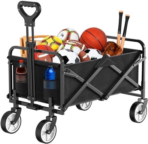 Wagon Pliant à roulettes, Chariot de Grande Capacité de 100kg avec Poignée Réglable et Sac à Couvercle, Chariot de Pique-Nique pour Festival Shopping Camping Jardin Plage (Noir-1)