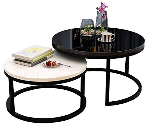 WOTZOV Satztische, 2er-Set für kleine Wohnzimmerräume, Mid-Century Modern, Couchtische, Säulentische für die Küche, gehärtetes Glas, Schwarz + Weiß