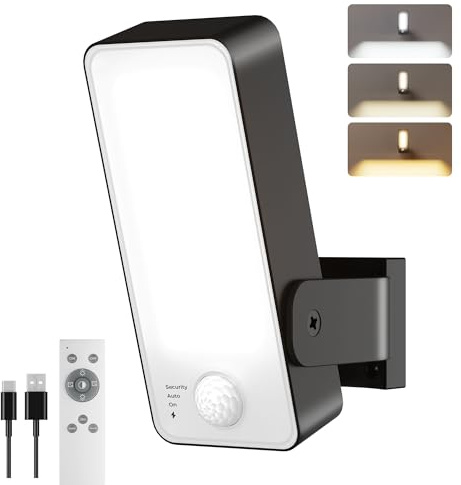 Motion Sensor Outdoor Light, 10000mAh Rechargeable Battery Operated Outdoor Light with Remote, 3 Modes with Red Alert, Dimmable & 3CCT, Waterproof Outdoor Security Lights for Porch, Backyard, Garage