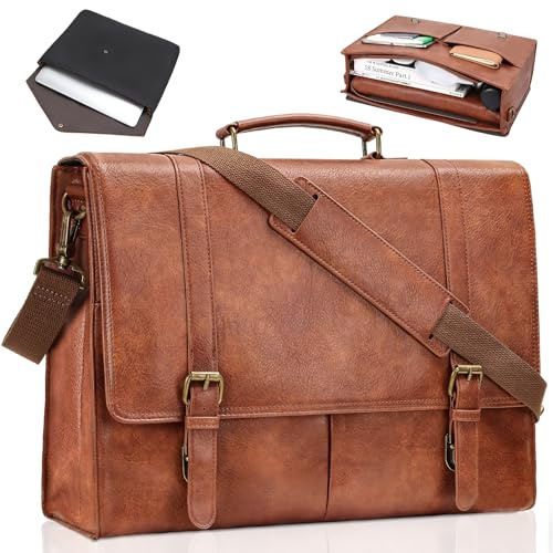 Estarer Mens PU Leather Briefcase Large Laptop Satchel Messenger Shoulder Bag for Work Business Office - Christmas Gifts For Him 17.3 Inch Brown