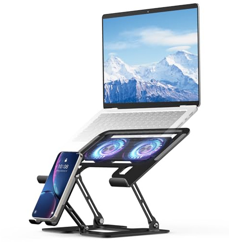 Laptop Cooling Stand with Detachable Fan,2-IN-1 Laptop Stand with Phone Holder and Silent Fans,Adjustable Height and Angle,Carbon Steel Framework,Laptop Cooling Pad for up to 16”Laptop (Black)