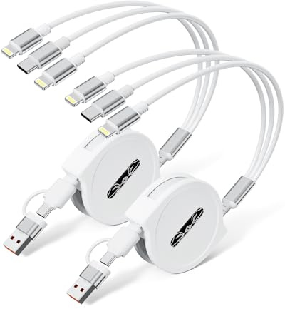 Multi Charging Cable, 2-Pack 4Ft Retractable USB C/A Cable, 4A Fast Charger Cord for Multiple Devices with Type C/Lightn-ing Ports for iPhone 16 15 14 Pro Max, iPads, Galaxy S24/S23, Tablets, and More