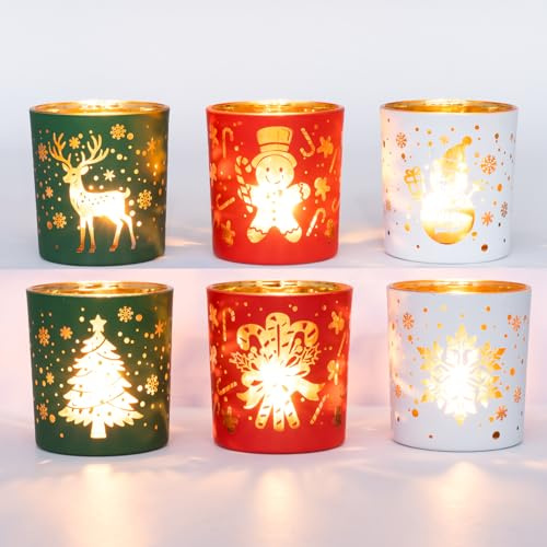 Romcanmy Christmas Candle Holder, Set of 6 Glass Tea Light Candle Holders for Christmas Table Centrepiece, Red Green White Tealight Holders Reindeer Tree Snowflake for Xmas Party Winter Decorations