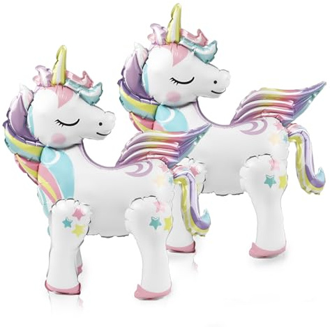 Einhorn Geburtstag Deko, 2 Stück 3D Einhorn Folienballons, Stehende Ballons mit Beinen für Helium/Luft, Einhorn Deko für Kindergeburtstag, Mädchen Partydekoration, Geburtstagsfeier, Tischdeko