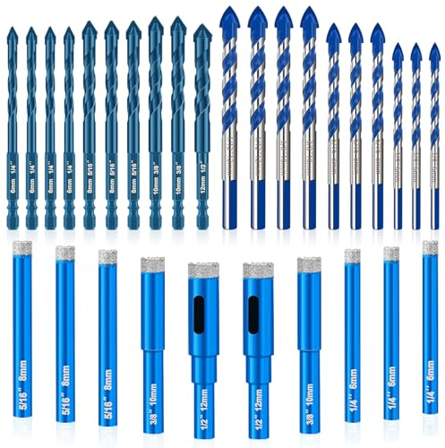 Diamond Drill Bits Set, 30 Pcs Professional Masonry Drill Bit Set, Premium Carbide Drill Bits Set, Multiple Sizes Concrete Drill Bit for Ceramic Glass Porcelain Tile Marble Metal Plastic Wood, Blue