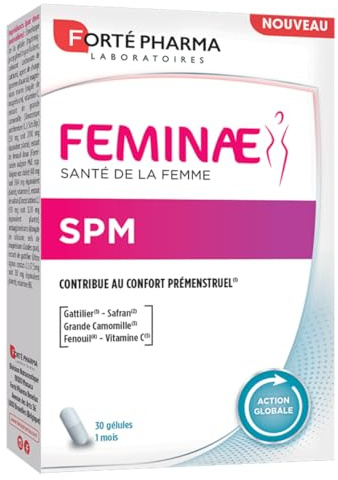 Forté Pharma Complément Confort féminin Feminae SPM Femme 30 gélules | Syndrome premenstruel, fatigue, bien etre femme - Safran, vitamine C & B6, magnesium, camomille, fenouil, Programme 1 mois