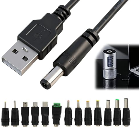 Cable de Alimentación USB a DC 5V 3A, 100cm Cable USB a DC 5.5x2.1mm, con 13 Conectores Intercambiables, Cable de Carga Universal con Adaptadores Micro USB, Tipo C, LED Terminal, Varias Medidas DC