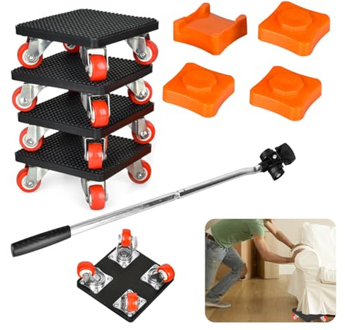 Kit de Leve Meuble, roulettes pour Meubles avec 630 mm Barre d'extension, 4 Roue Rotative à 360 Degrés, Charge Maximale 500 kg, pour Déplacement de Réfrigérateurs, Canapé, Machine à Laver, etc.
