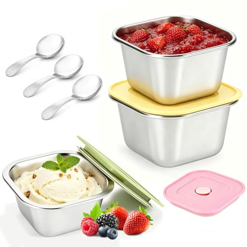 3er-Set Eisbehälter Für Speiseeis, Gefrierdosen 400ml Mit Eislöffel Portionierer, Lebensmittelechter Edelstahl,Lebensmittelbehälter Mit Silikon Deckel Für Eiscreme, Joghur,Suppe Einfrieren Behälter