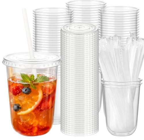 50 stycken plastmuggar med lock och sugrör, 473 ml transparent plastmugg, återanvändbara dryckesbägare, läckagesäker smoothie muggar för iskaffe cocktail milkshakes juice mjölkte