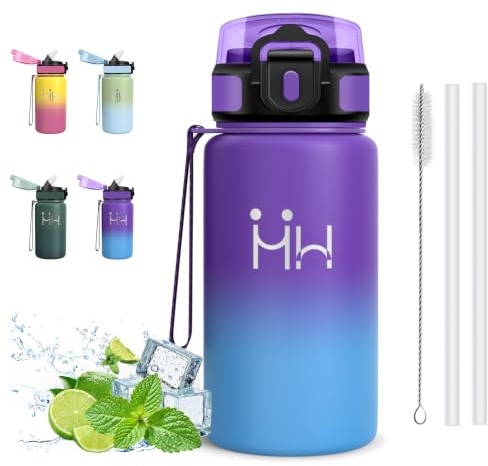 Botella Termica- 500ml- Botella Agua Niños, a Prueba de Fugas, Botellas Agua Acero Inoxidable, sin BPA, Aislamiento al Vacío, con Cepillo para Pajita, Cantimplora para la Escuela, Oficina, Hogar