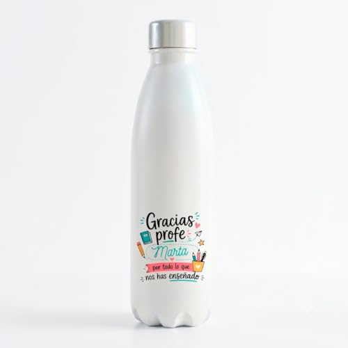 Botella térmica personalizada para Profes personalizada con nombre, de acero Inoxidable color blanco, tapa de rosca. Regalos para Profesores. Regalos Fin de Curso.