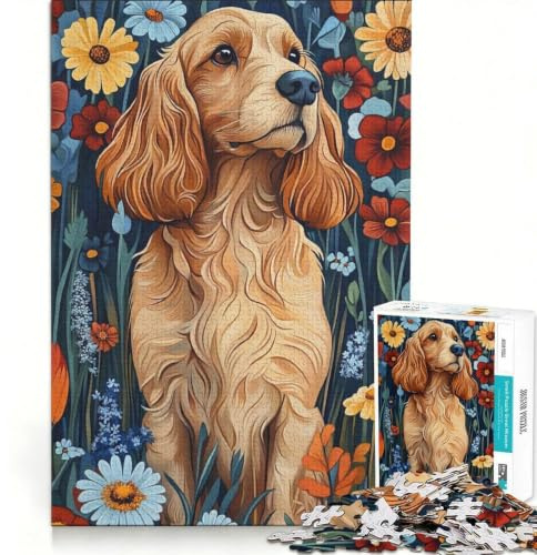 Puzzle da 1000 pezzi per adulti con Cocker Spaniel in un prato fiorito, gioco educativo, migliora la memoria, compleanno e Natale 38x26cm