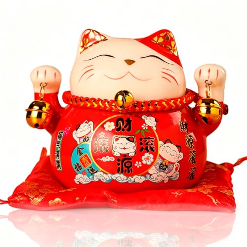 Ceramic Lucky Cat, Japanese Maneki Neko Ceramic Fortune Cat Ornament (Red)