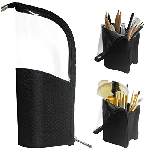 Black Travel Makeup Brush Holder, FIYUK Pencil Pen Case Organizer Bag Cosmetic Zipper Pouch Portable Waterproof Dust-Free Stand-Up Toiletry Stationery Bag with Divider