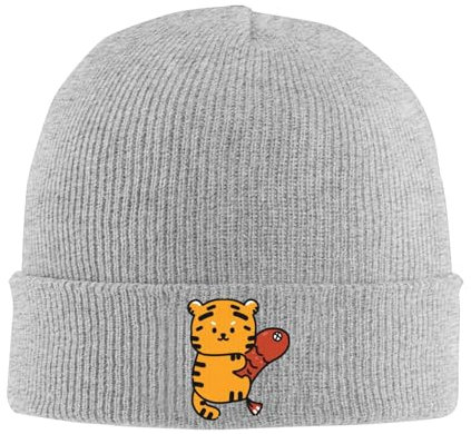 JCAKES A Tiger Holding A Fish Strickmütze Beanie Mütze Herren Wintermützen für Männer Herren Beanie Mütze Beanie Hüte für Frauen Wintermützen für Frauen Damen Hüte & Mützen Damen Wintermützen, grau,