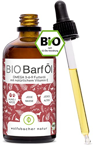 Futteröl für Hunde und Katzen 100ml– 100% Bio Barföl - Natürlich und Vegan - Aus Leinöl, Hanföl, Nachtkerzenöl, Olivenöl, Kürbiskernöl, Chiaöl - Artgerechte Ernährung mit Omega 3-6-9