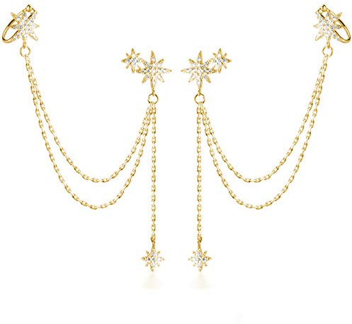 SLUYNZ 925 Sterling Silber Mode Stern Manschette Ohrring Kette für Frauen Damen Wickeln Ohrringe Tropfen Ohrringe Lange Ohren Quasten