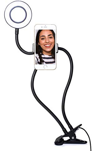 Flexibel Lazy Arm smartphonehållare med LED-ringljus för att förbättra ditt utseende. Perfekt allt-i-ett-lösning för handsfree live-streaming, selfies eller videosamtal