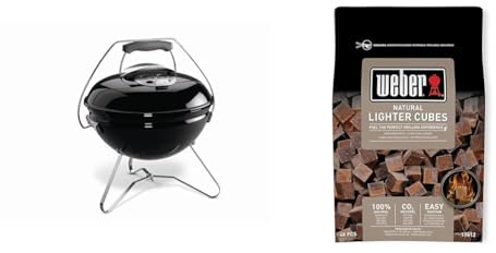 Weber 1121004 Smokey Joe Premium, Holzkohlegrill, 37 cm, schwarz, für unterwegs, tragbar & 17612 Anzündwürfel braun, ohne Zusatzstoffe, 48 Stück