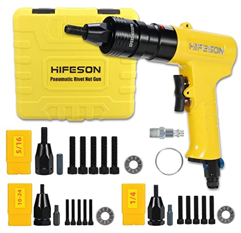 HIFESON Pneumatic Rivnut Gun with 10-24 & 10-32 & 8-32 Self-Locking Head Gun,Quick-Change Mandrels,Industrial Grade Adjustable Speed Pneumatic Thread Insert Tool