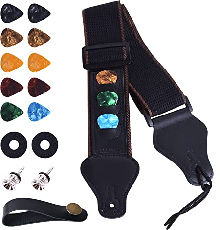 Gitarrengurt 5cm breit längenverstellbar Baumwolle Gitarrenband mit echten Lederenden Gurt Gitarre mit 1 Gurtknöpfen 2 Gurtschlössern 10 plektren für E-Gitarre Westerngitarre Akustikgitarre & Bass