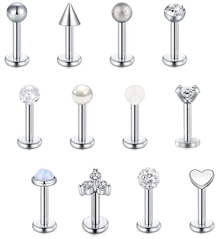Vcmart 12 Uds. Barras de labios plateadas 6mm Labret Studs 16G acero inoxidable Helix Tragus Monroe Medusa Piercing Stud