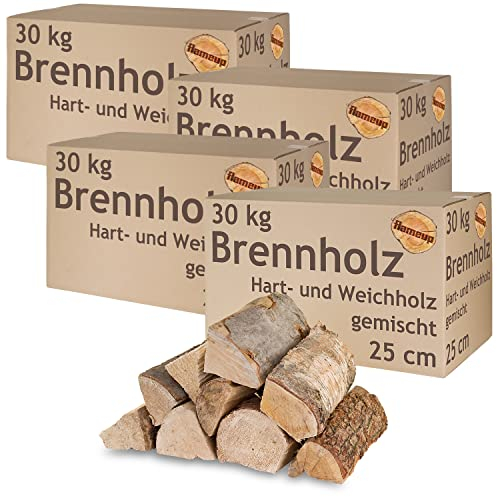 Brennholz Gemischt Kaminholz 120 kg Buche Eiche Birke Kiefer Fichte Holz Für Ofen und Kamin Kaminofen Feuerschale Grill Feuerholz 25 cm Wood Kammergetrocknet Flameup
