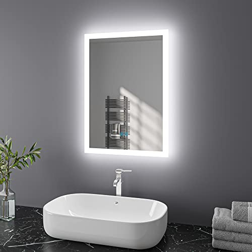 Finmrys Badspiegel mit Beleuchtung 50x70 cm LED Spiegel Bad mit Touch-Schalter Beschlagfrei Badezimmerspiegel Dimmbar Beleuchtet Kaltweiß Warmweiß Horizontal Vertikal（19.69x27.56 Inch）