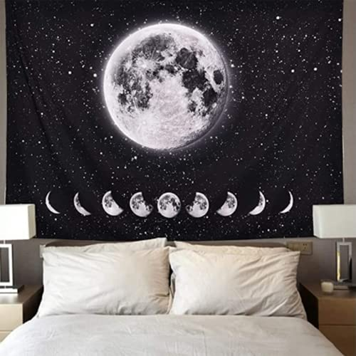 Arawat Tapiz Fases de la Luna Tapiz de Pared Luna Blanco Negro Tapiz Luna Decoración de Pared Psicodélica Alfombra Gótica Trippy Tapiz de Pared Tapiz de Pared Tela para Colgar (150 x 130cm)