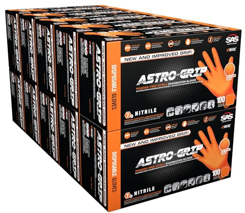 SAS Astro-Grip Powder-Free Exam Grade Nitrile Disposable Gloves - 10 Boxes / 100 Each. 1000 Gloves Total. XL, Orange, 7 Mil. Chemical and Puncture Resistant. Single-Use (66474)