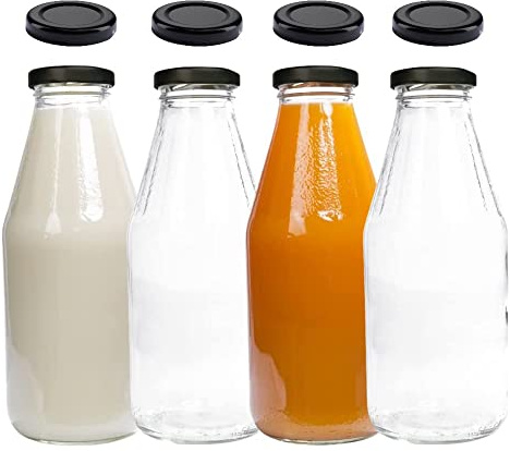 mikken 4 x Glasflasche 500 ml Flasche mit Deckel schwarz + 4 Ersatzdeckel und 4 Etiketten