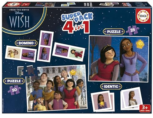 Educa - Disney Wish 4-in-1 Superpack | Domino, Memo-Spiel und 2 Puzzles 25 und 50 Teile | Lernspielzeug Kinder ab 3 Jahren | Offiziell Lizenziertes Disney Spieleset (19743)