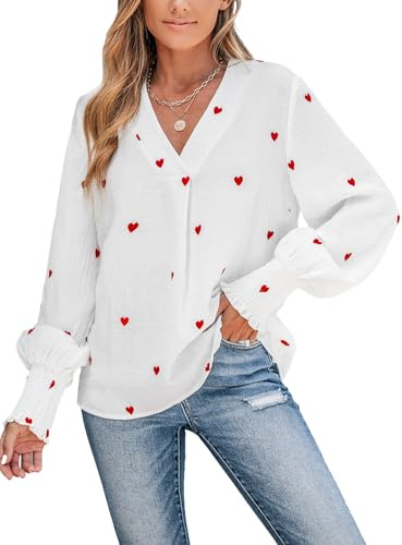 CUPSHE - Camicia da donna con scollo a V, ricamo a forma di cuore, maniche lunghe, volant, ruches, elegante, top elegante, bianco, M