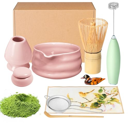 Matcha vispset och skål, matcha kit visp, skål med pip, sikte, keramisk visphållare, sked japanskt te pulver startverktyg för ceremoni gåva (rosa, 9-pack)