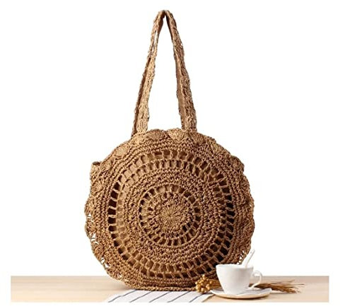 ASHSDI Strohtaschen Damen Strohgewebte Runde Umhängetaschen Damen Strandtaschen Shopper Tote Strickgewebte Reisehandtaschen Sommer Strohsack Strandtasche (Color : B, Size : 40cm)