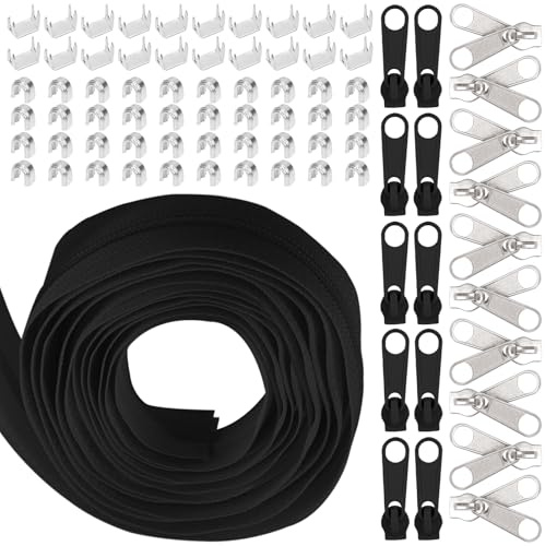 Swpeet 1Roll 10 Yard Black Nylon Zipper Tape with 20Pcs Matched Zipper Sliders Assortment Kit, Replacement Zip Set with Double Single Slider and Zip for Sewing