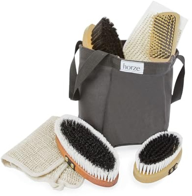 netproshop 1 Pferdepflegeset - Tasche mit 4 Holzbürsten Sisalhandschuh und -handtuch