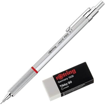 rOtring Rapid Pro Präzisionsstift 0,7 silber 1904256 + Radiergummi