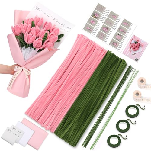 Pfeifenreiniger Blume, Pfeifenputzer zum Basteln Chenille-Pfeifenreiniger Rosa Verpackungspapier Schritt-für-Schritt Video für Chenille Blumen Blumensträuße Craft Sets Geburtstag Home Dekoration